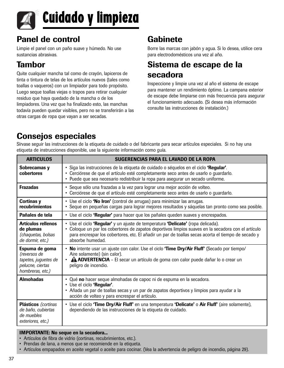 Cuidado y limpieza, Panel de control, Tambor | Gabinete, Sistema de escape de la secadora, Consejos especiales | Amana ND-1 User Manual | Page 38 / 44