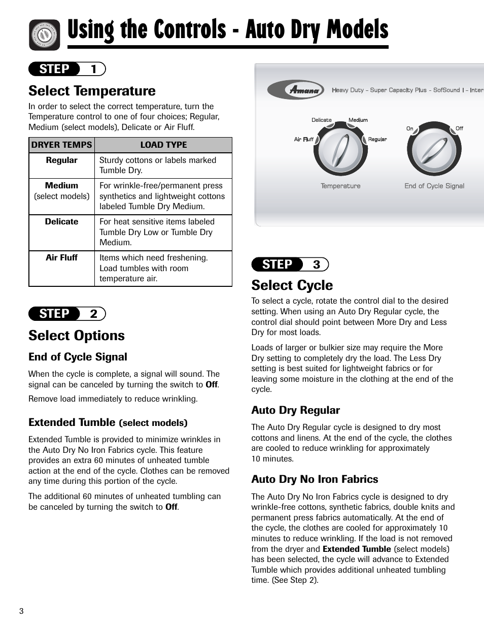 Using the controls - auto dry models, Select temperature, Select options | Select cycle | Amana ND-1 User Manual | Page 4 / 44
