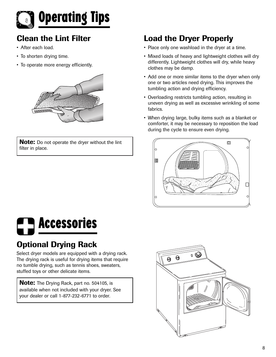Operating tips, Accessories, Optional drying rack | Clean the lint filter, Load the dryer properly | Amana ND-1 User Manual | Page 9 / 44