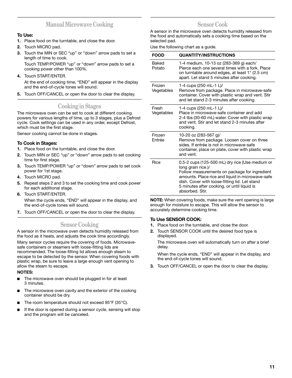 Manual microwave cooking, Cooking in stages, Sensor cooking | Sensor cook | Amana AMC7159TA User Manual | Page 11 / 20