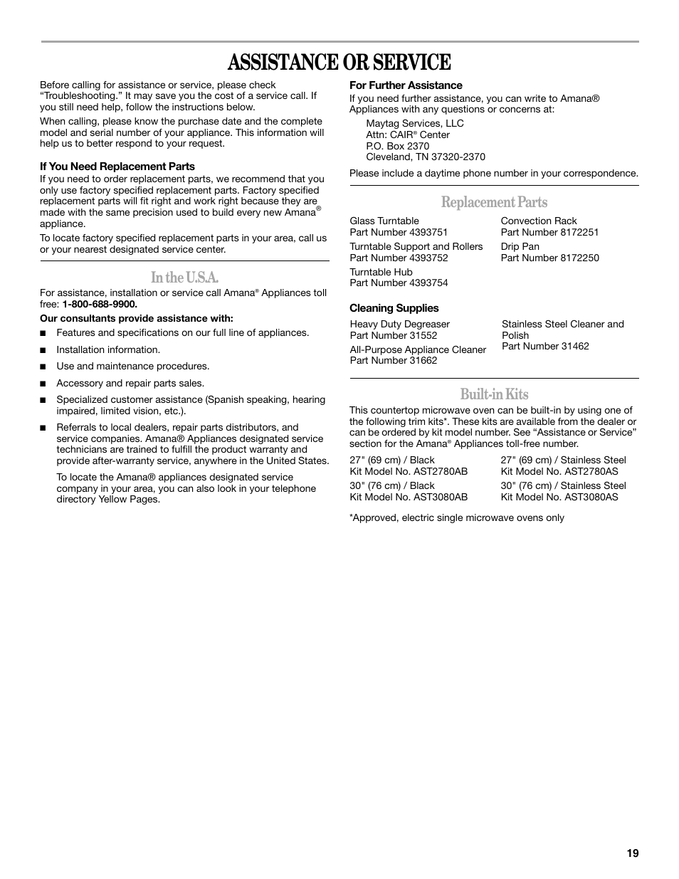 Assistance or service, Replacement parts, Built-in kits | Amana AMC7159TA User Manual | Page 19 / 20