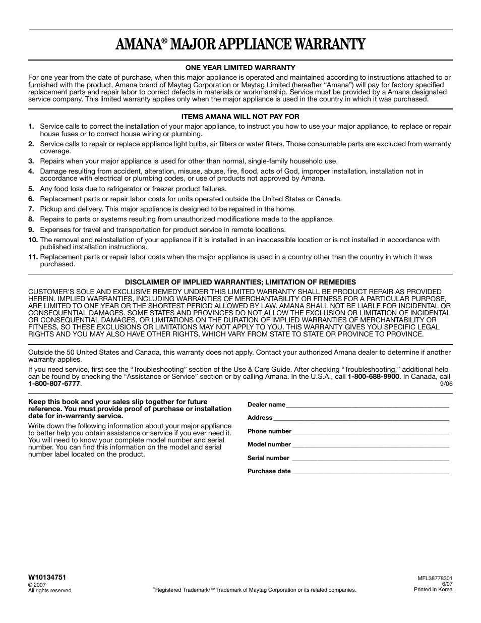 Amana, Major appliance warranty | Amana AMC7159TA User Manual | Page 20 / 20