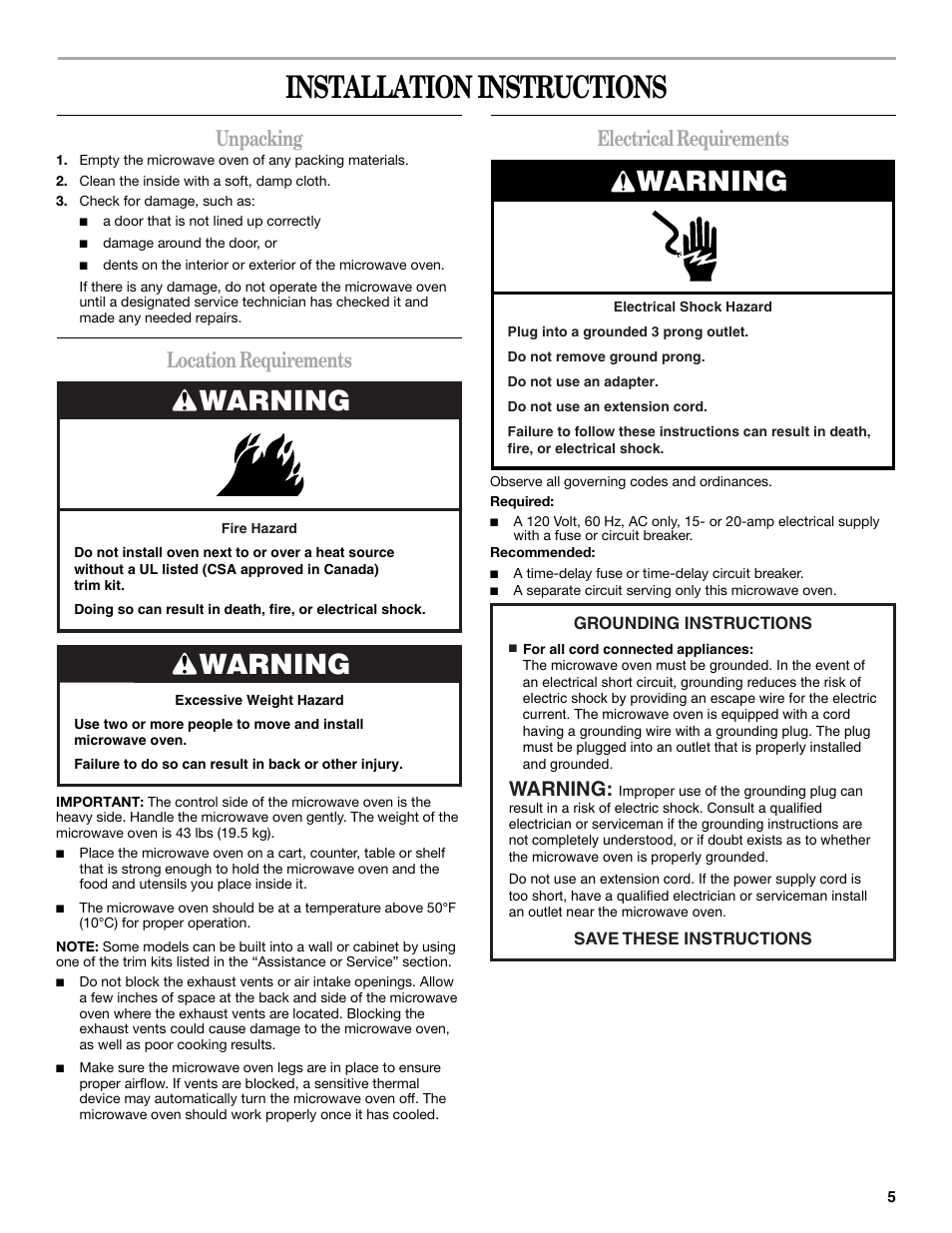 Installation instructions, Warning, Unpacking | Location requirements, Electrical requirements | Amana AMC7159TA User Manual | Page 5 / 20