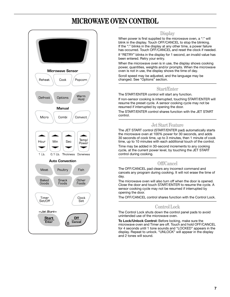 Microwave oven control, Display, Start/enter | Jet start feature, Off/cancel, Control lock | Amana AMC7159TA User Manual | Page 7 / 20