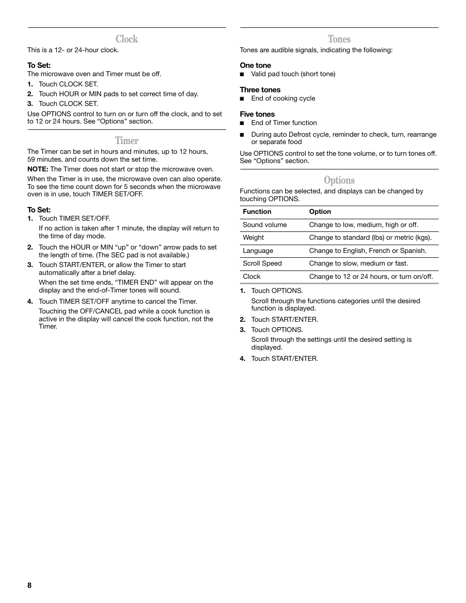 Clock, Timer, Tones | Options | Amana AMC7159TA User Manual | Page 8 / 20