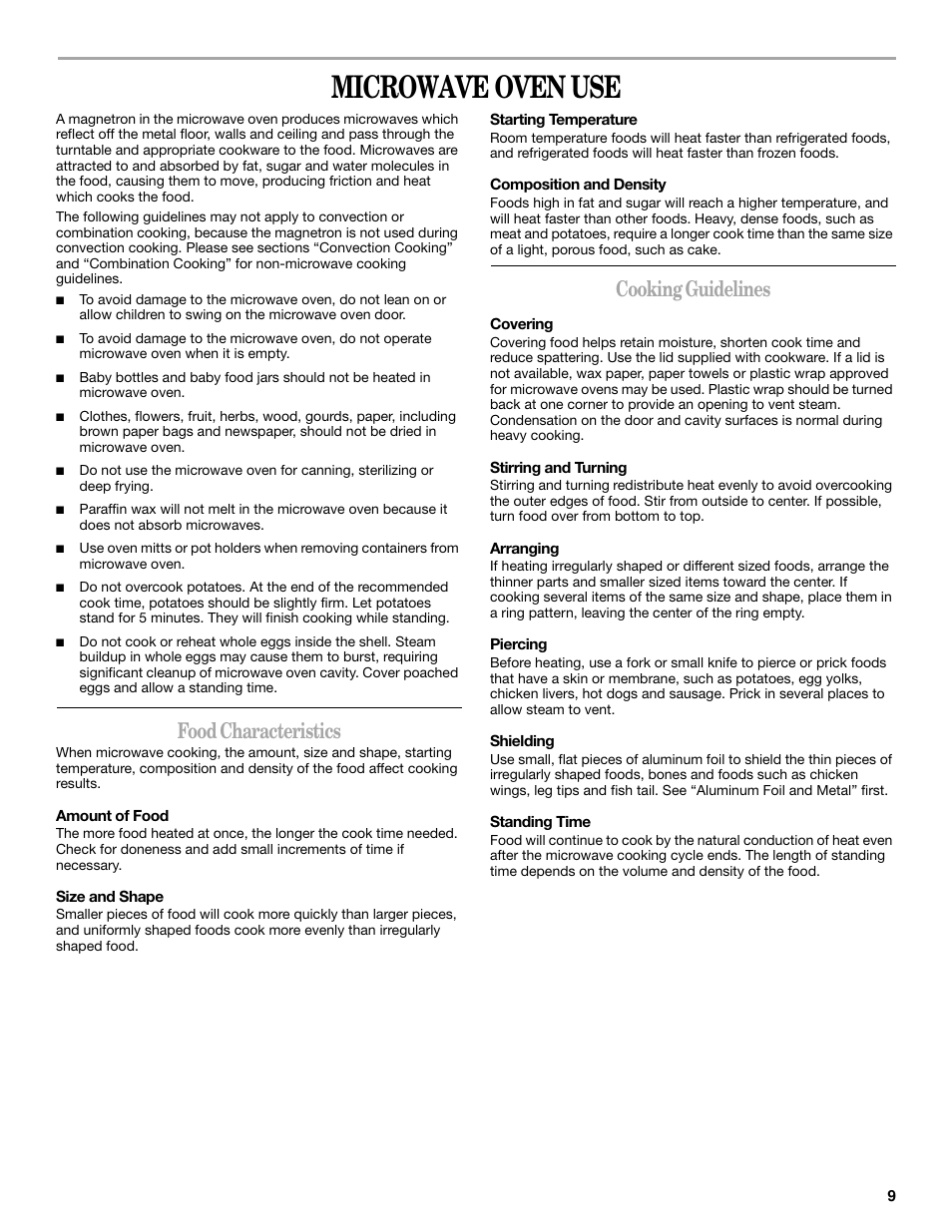 Microwave oven use, Food characteristics, Cooking guidelines | Amana AMC7159TA User Manual | Page 9 / 20