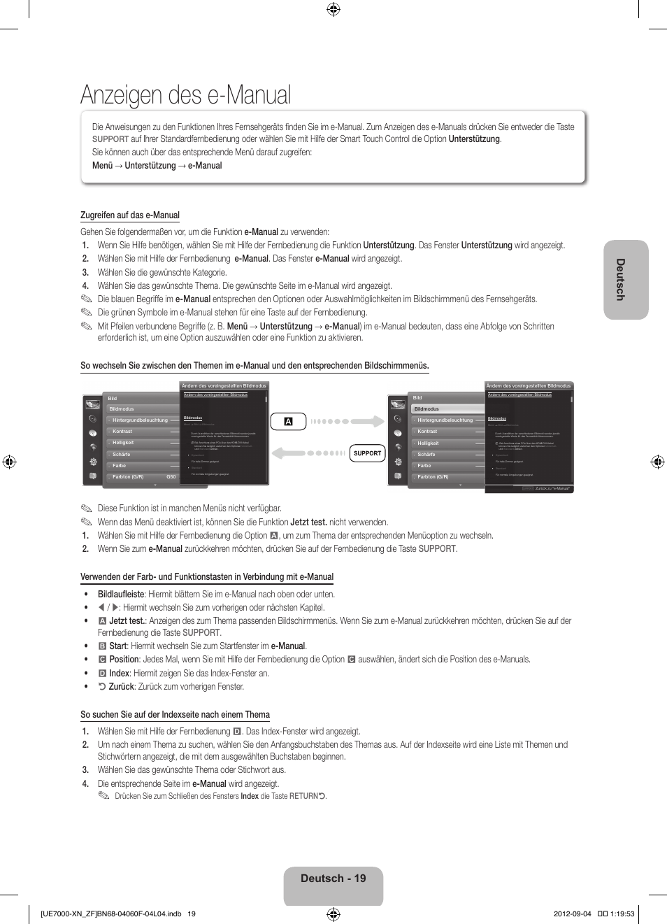 Anzeigen des e-manual, Deutsch, Deutsch - 19 | Samsung UE55ES7000S User Manual | Page 65 / 93