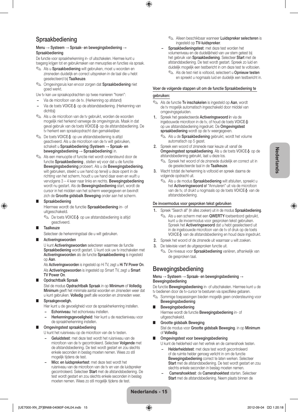 Spraakbediening, Bewegingsbediening | Samsung UE55ES7000S User Manual | Page 84 / 93