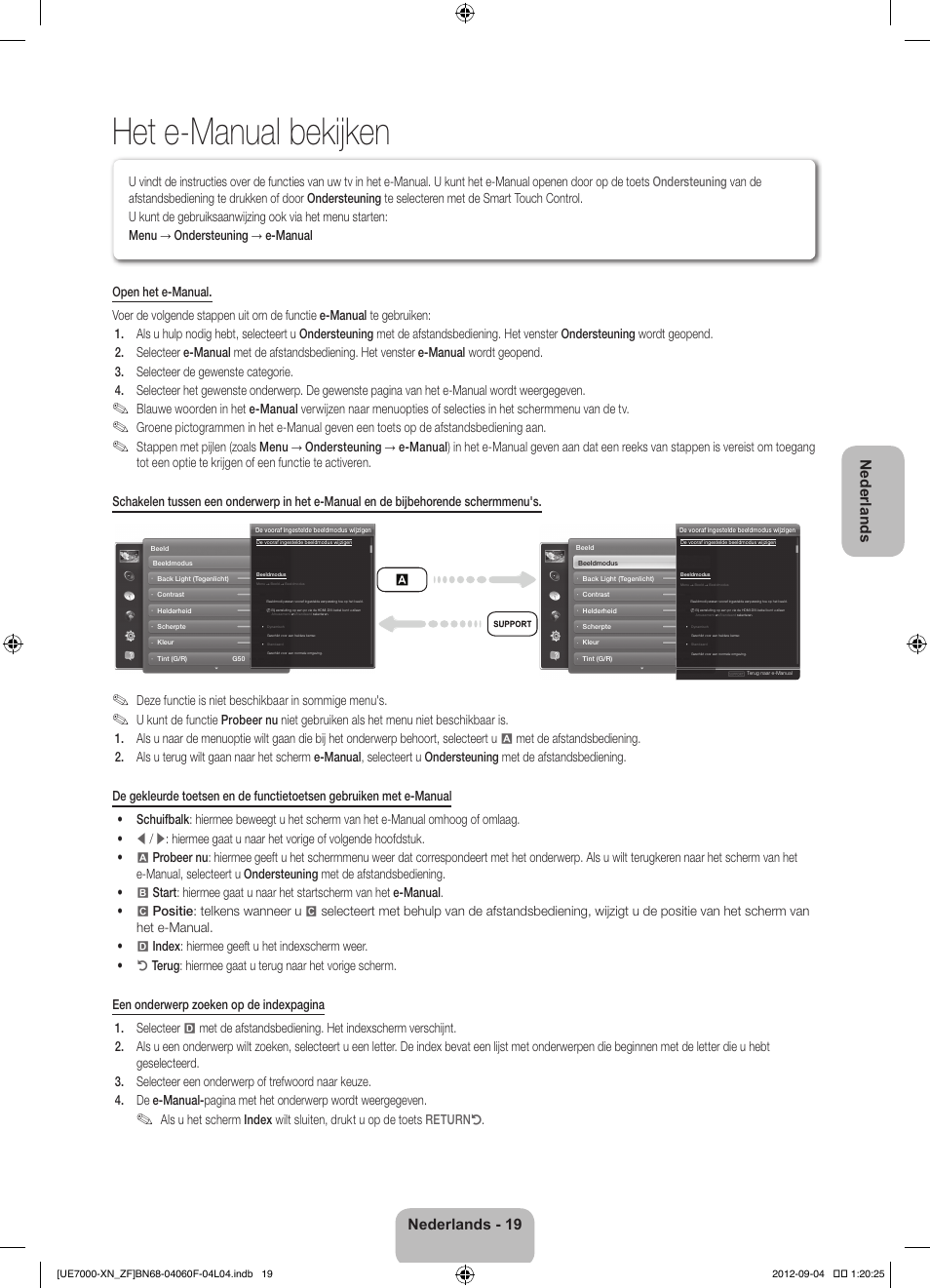 Het e-manual bekijken, Nederlands, Nederlands - 19 | Deze functie is niet beschikbaar in sommige menu's | Samsung UE55ES7000S User Manual | Page 88 / 93