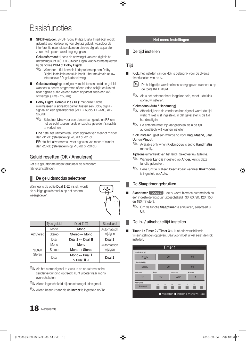 Basisfuncties, Geluid resetten (ok / annuleren), Tijd | Samsung LE40C530F1W User Manual | Page 132 / 153