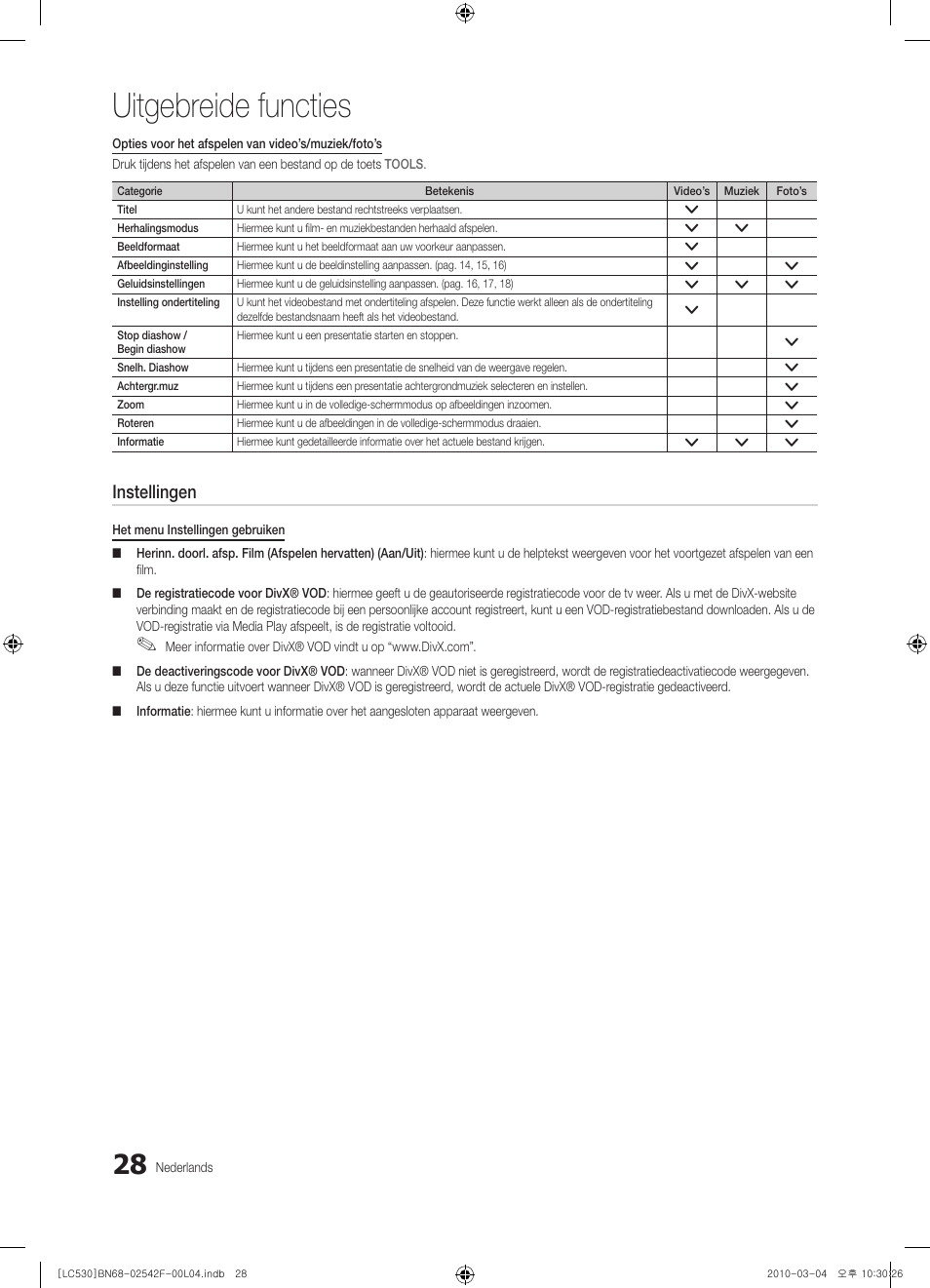 Uitgebreide functies, Instellingen | Samsung LE40C530F1W User Manual | Page 142 / 153