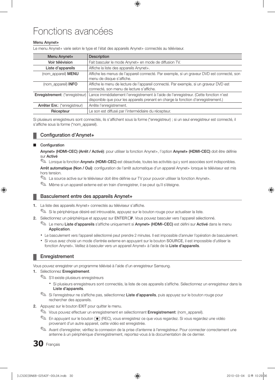 Fonctions avancées | Samsung LE40C530F1W User Manual | Page 68 / 153