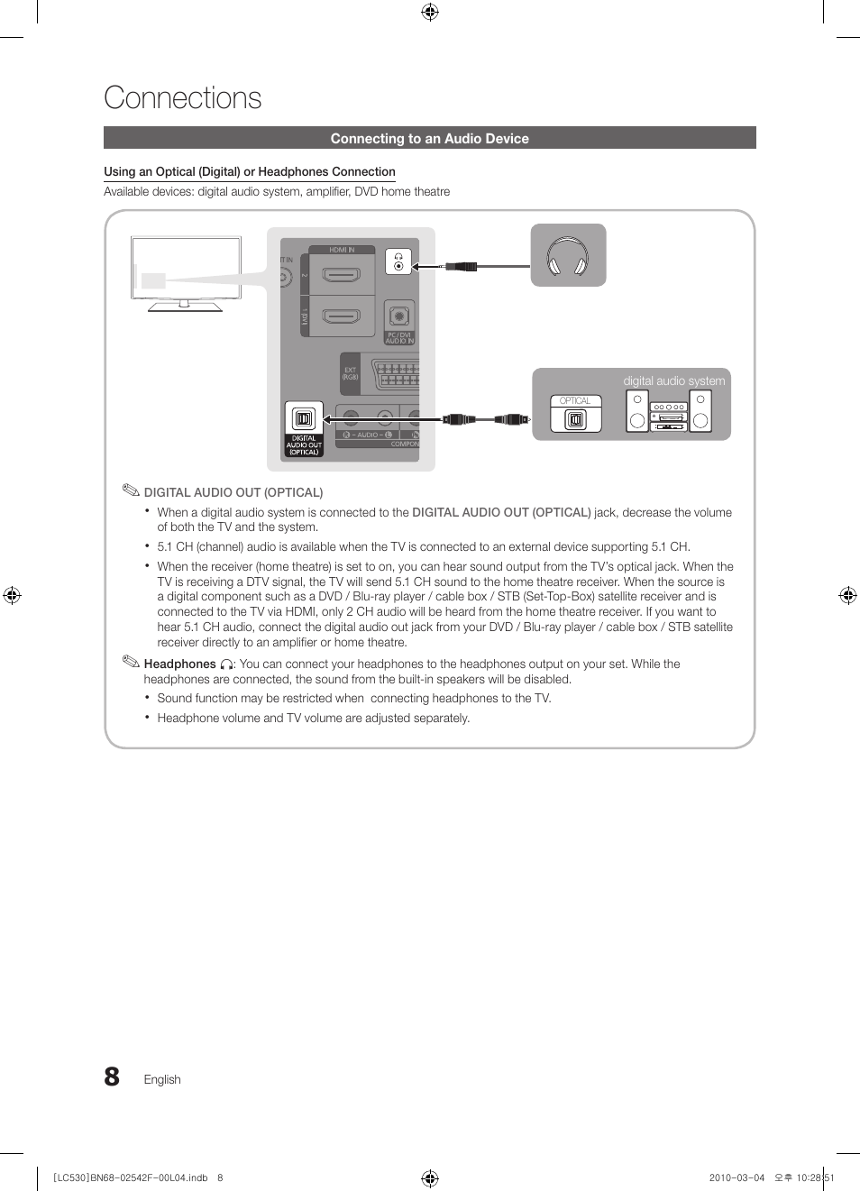 Connecting to an audio device, Connections | Samsung LE40C530F1W User Manual | Page 8 / 153