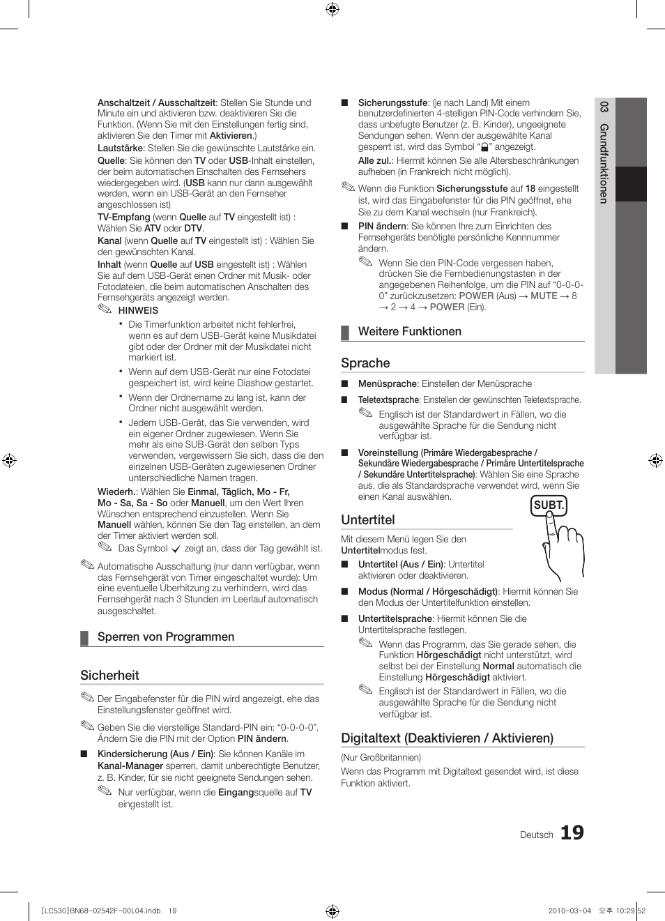 Sicherheit, Sprache, Untertitel | Digitaltext (deaktivieren / aktivieren) | Samsung LE40C530F1W User Manual | Page 95 / 153