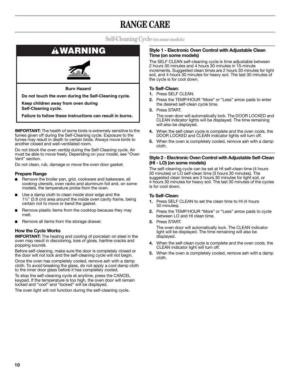 Range care, Warning, Self-cleaning cycle | Amana ELECTRIC RANGE W10419394A User Manual | Page 10 / 16