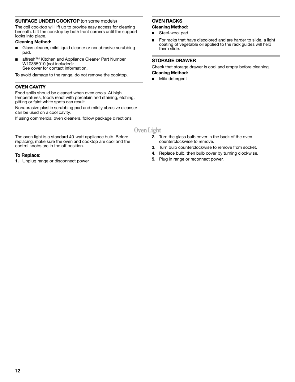 Oven light | Amana ELECTRIC RANGE W10419394A User Manual | Page 12 / 16
