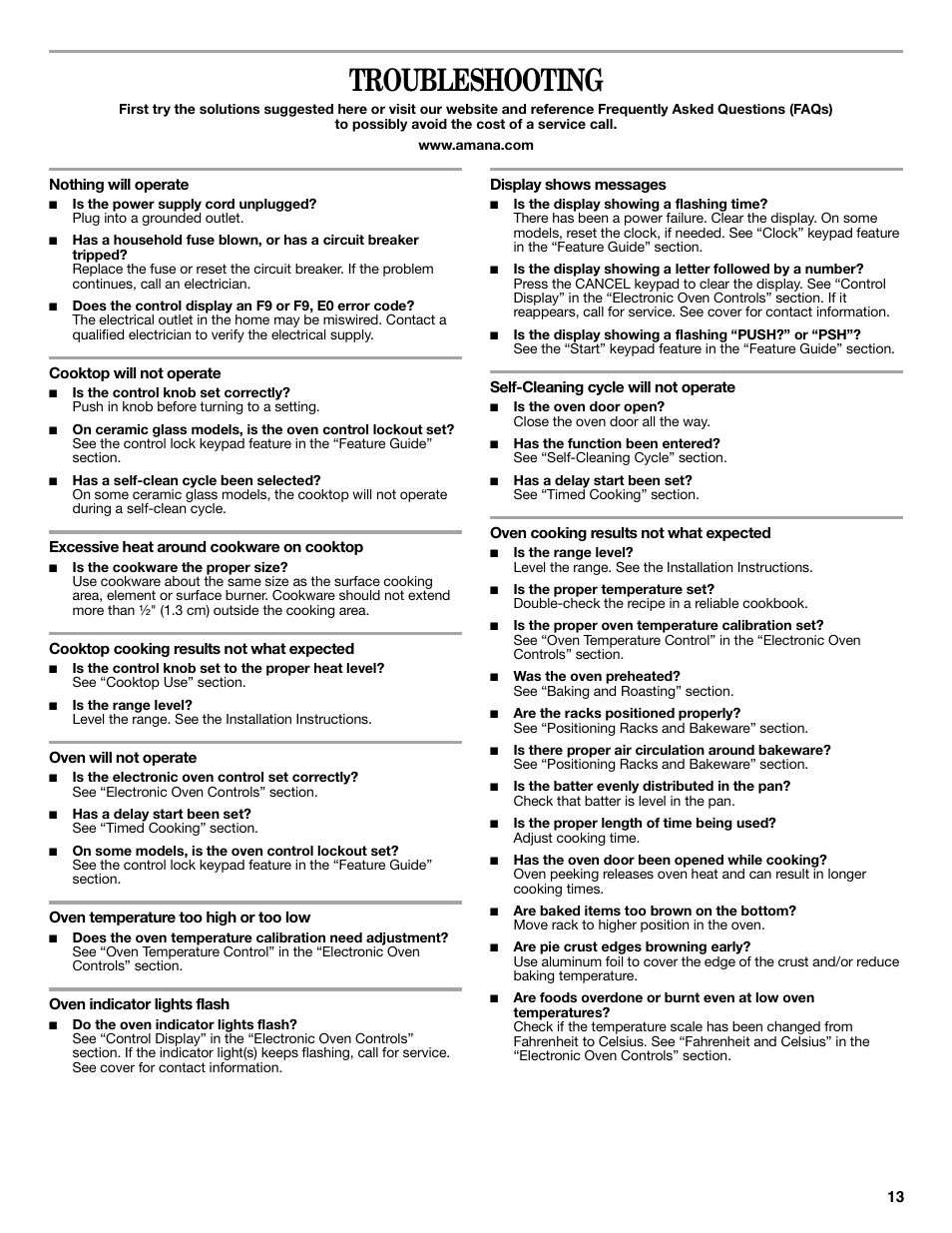 Troubleshooting | Amana ELECTRIC RANGE W10419394A User Manual | Page 13 / 16