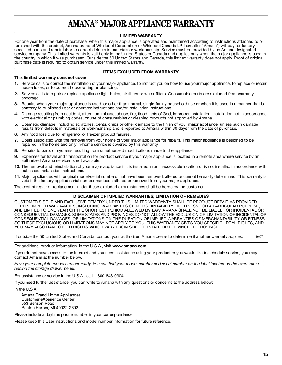Amana, Major appliance warranty | Amana ELECTRIC RANGE W10419394A User Manual | Page 15 / 16