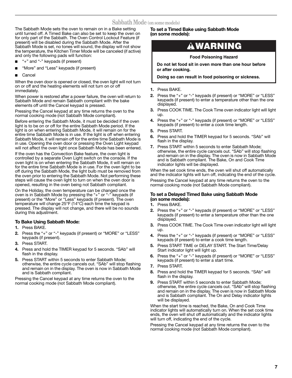 Warning, Sabbath mode | Amana ELECTRIC RANGE W10419394A User Manual | Page 7 / 16