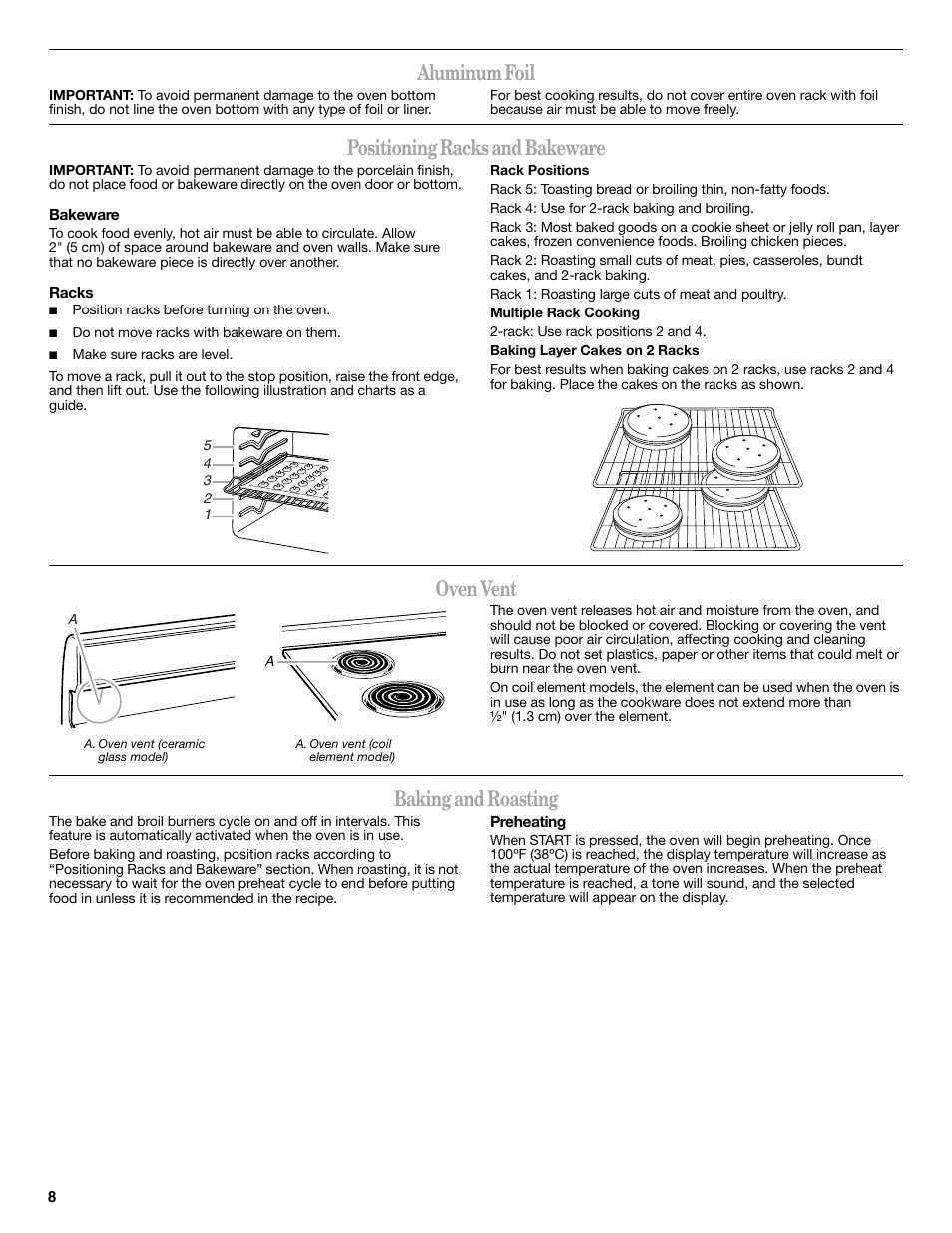 Aluminum foil, Positioning racks and bakeware, Oven vent | Baking and roasting | Amana ELECTRIC RANGE W10419394A User Manual | Page 8 / 16