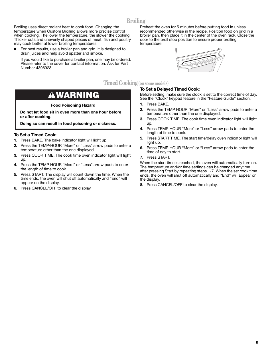 Warning, Broiling, Timed cooking | Amana ELECTRIC RANGE W10419394A User Manual | Page 9 / 16