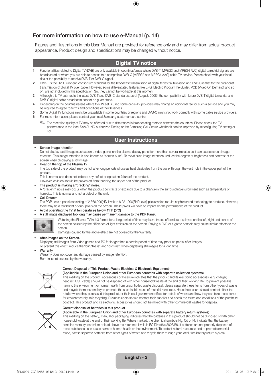 Digital tv notice, User instructions | Samsung PS59D6900DS User Manual | Page 2 / 78