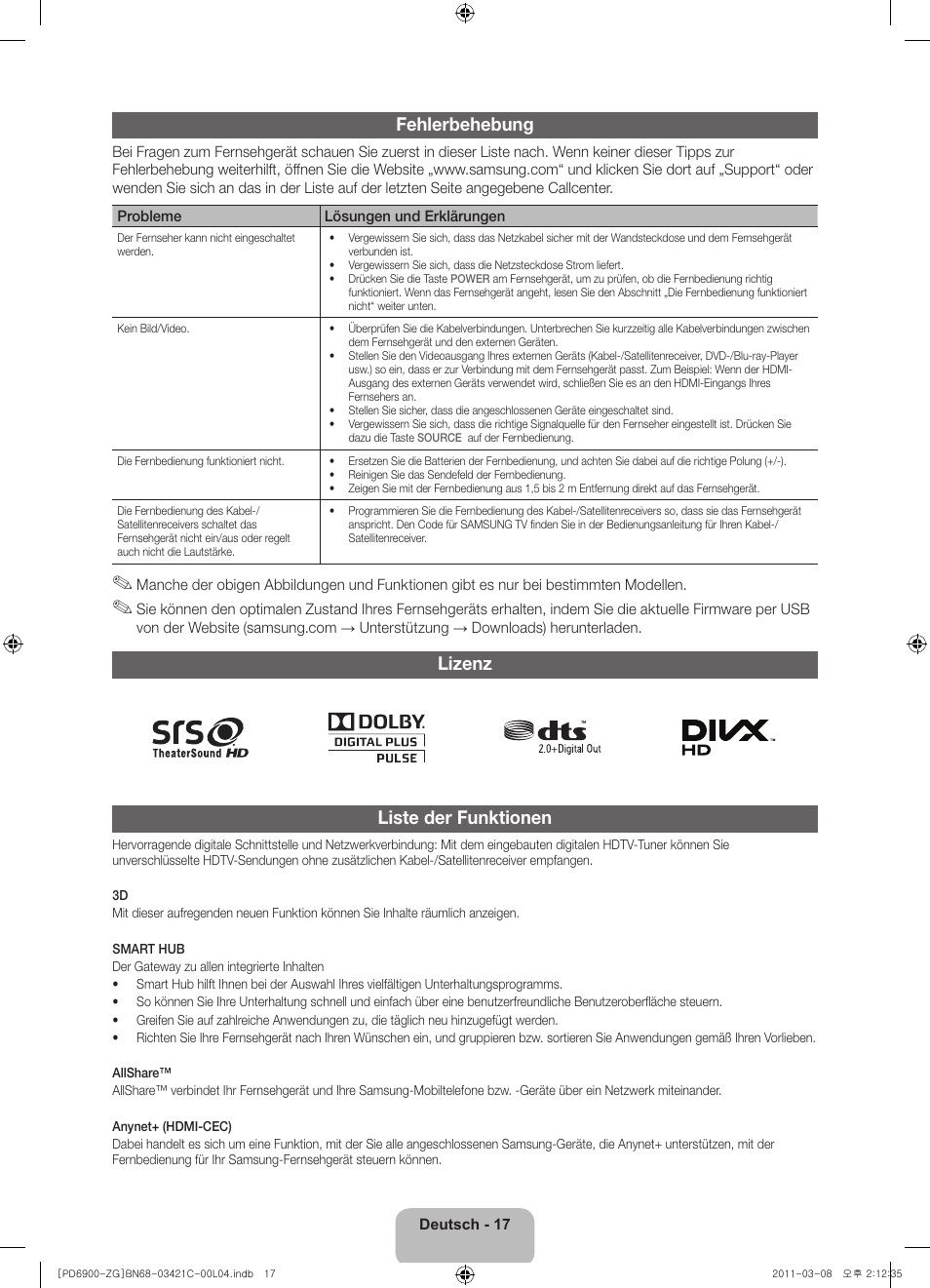 Fehlerbehebung, Lizenz liste der funktionen | Samsung PS59D6900DS User Manual | Page 37 / 78