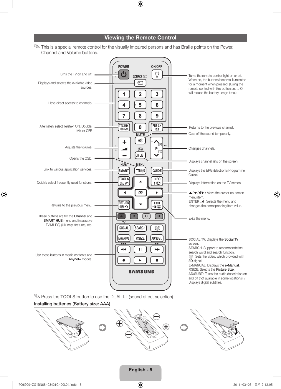 Viewing the remote control | Samsung PS59D6900DS User Manual | Page 5 / 78