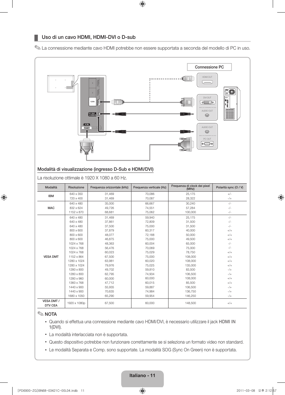 Uso di un cavo hdmi, hdmi-dvi o d-sub | Samsung PS59D6900DS User Manual | Page 69 / 78