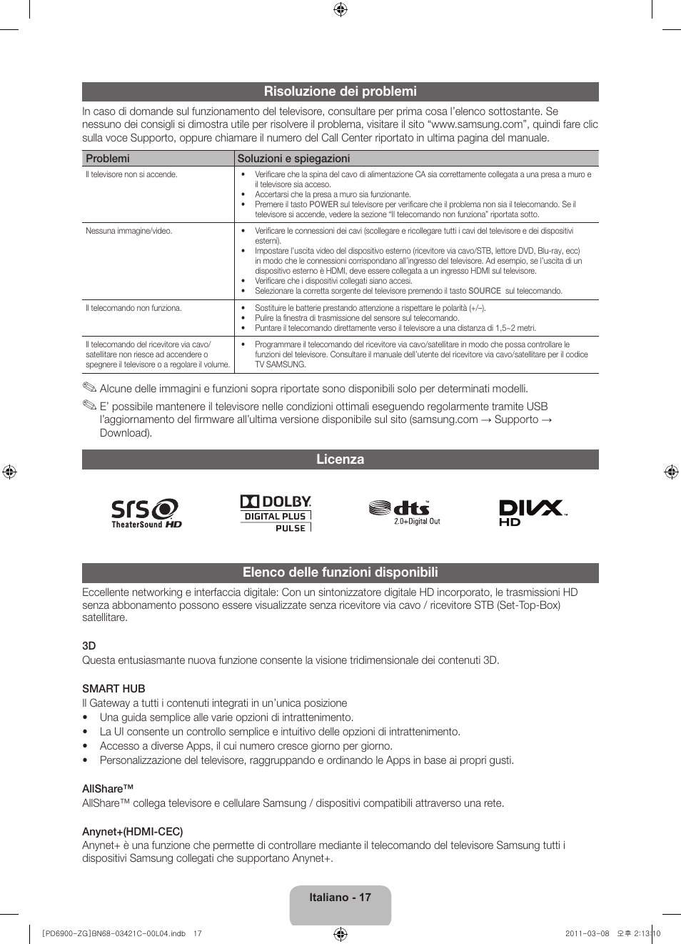 Risoluzione dei problemi, Licenza elenco delle funzioni disponibili | Samsung PS59D6900DS User Manual | Page 75 / 78