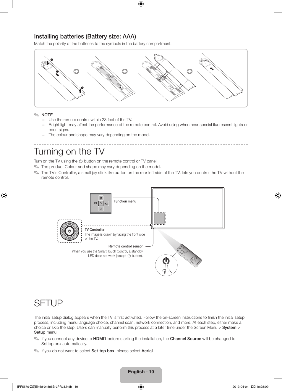 Turning on the tv, Setup, Installing batteries (battery size: aaa) | Samsung PS60F5570SS User Manual | Page 10 / 97