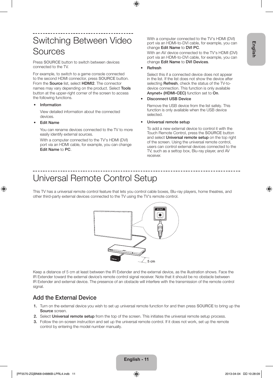 Switching between video sources, Universal remote control setup, Add the external device | Samsung PS60F5570SS User Manual | Page 11 / 97