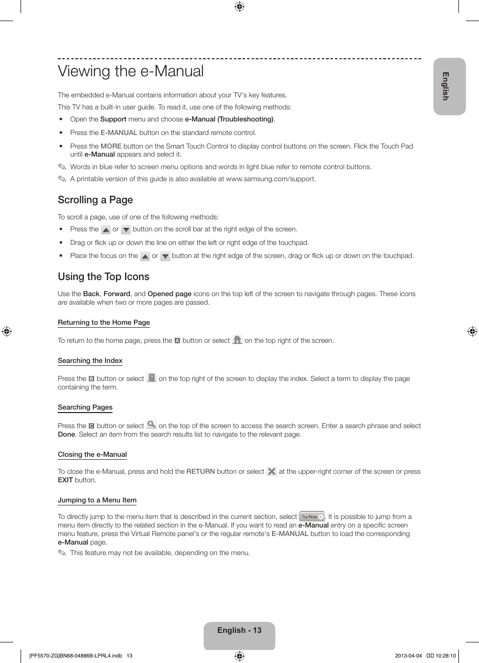 Viewing the e-manual, Scrolling a page, Using the top icons | Samsung PS60F5570SS User Manual | Page 13 / 97