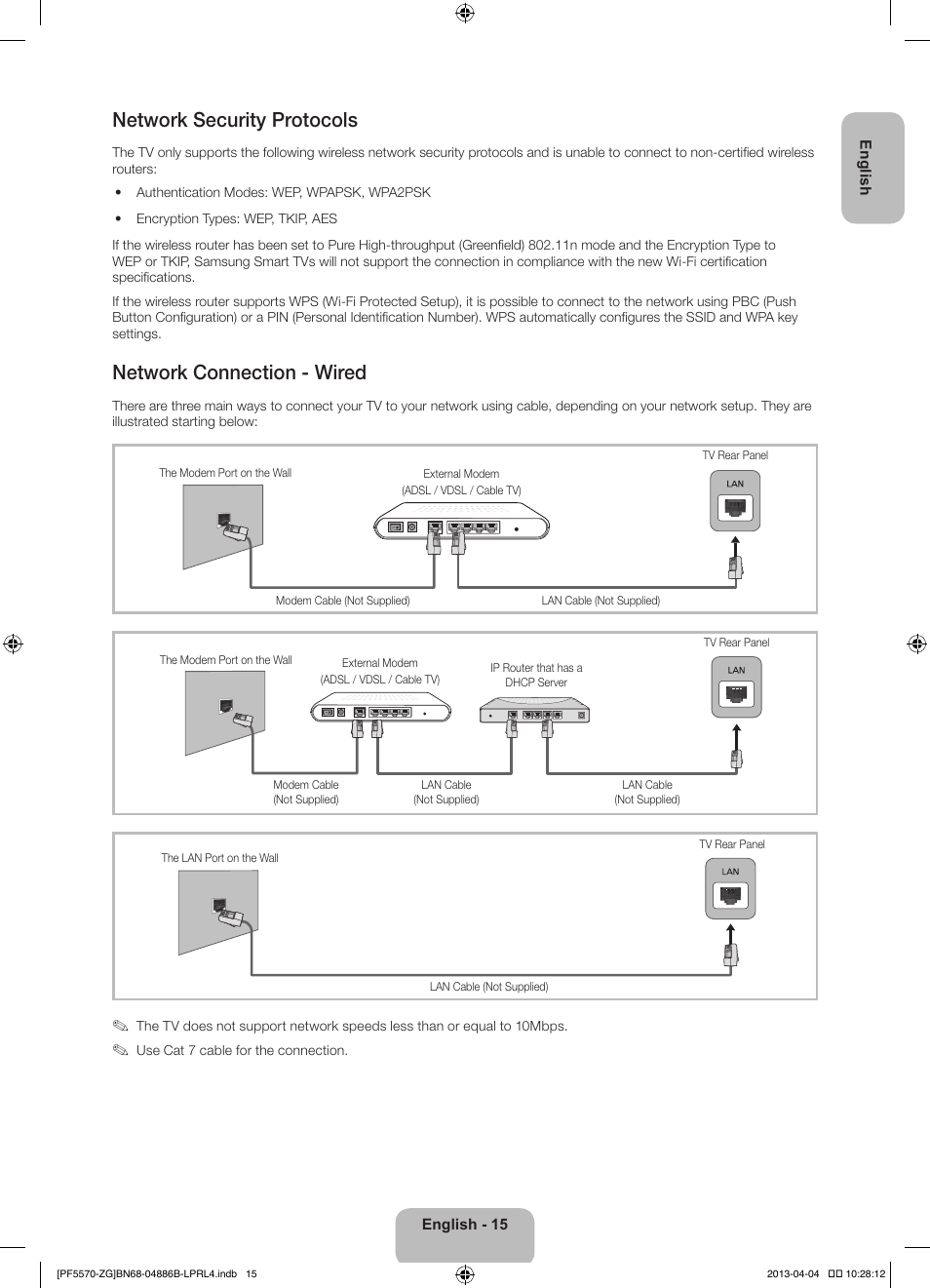 Network security protocols, Network connection - wired | Samsung PS60F5570SS User Manual | Page 15 / 97