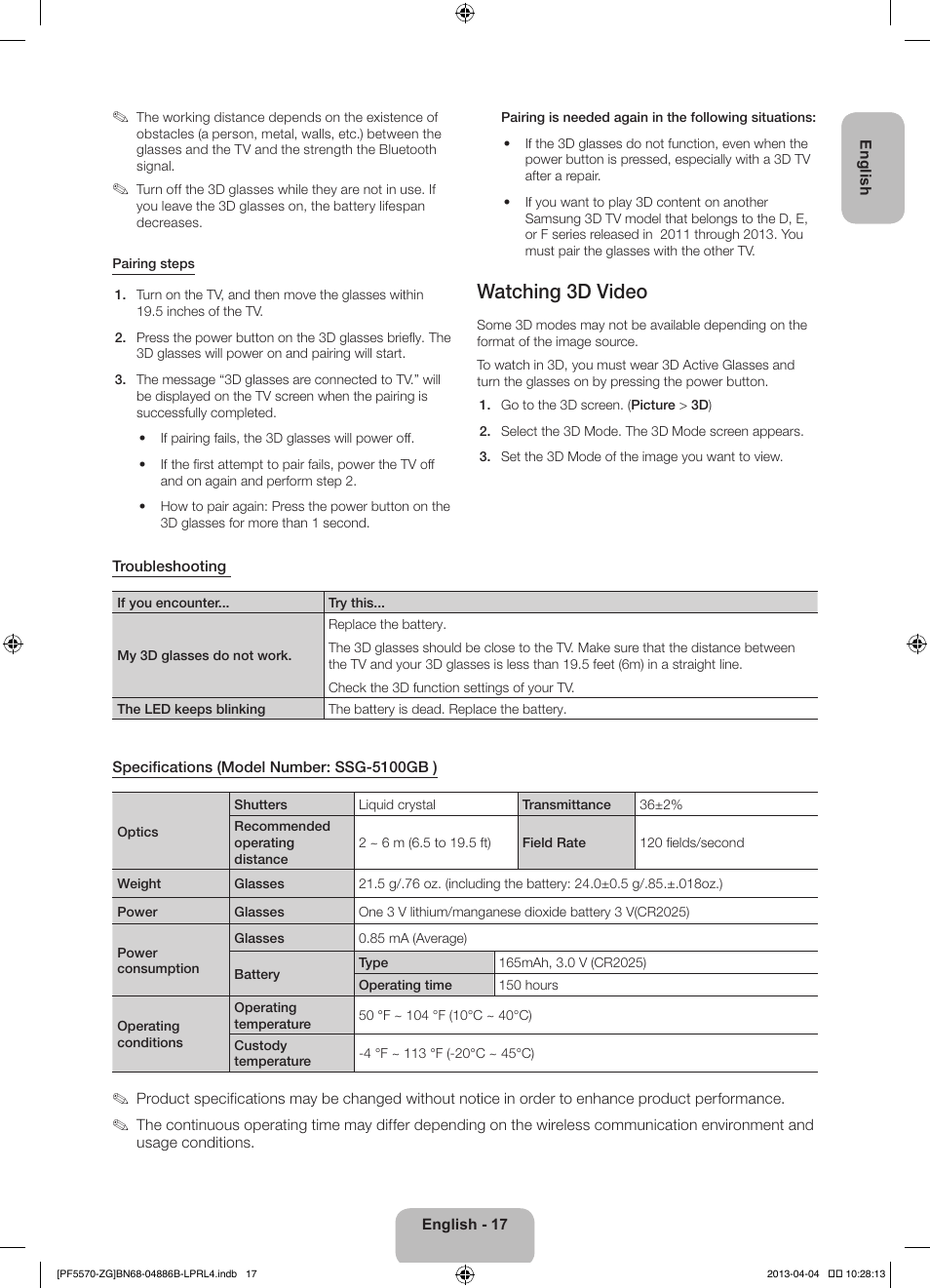 Watching 3d video | Samsung PS60F5570SS User Manual | Page 17 / 97