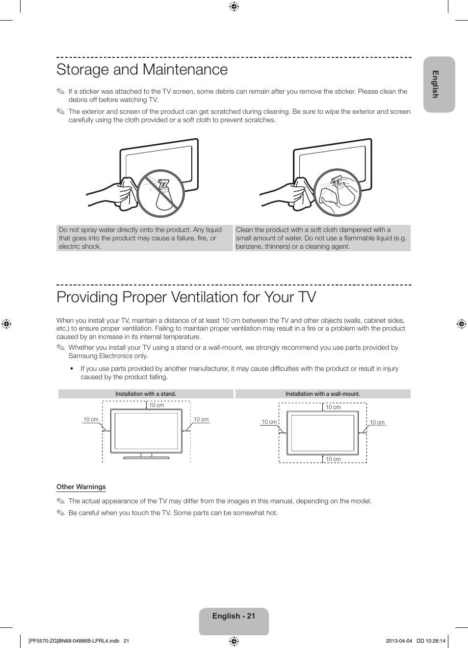Storage and maintenance, Providing proper ventilation for your tv | Samsung PS60F5570SS User Manual | Page 21 / 97