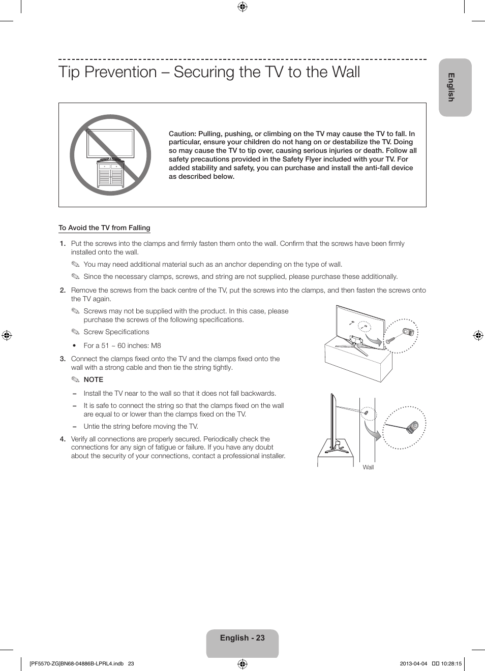 Tip prevention – securing the tv to the wall | Samsung PS60F5570SS User Manual | Page 23 / 97