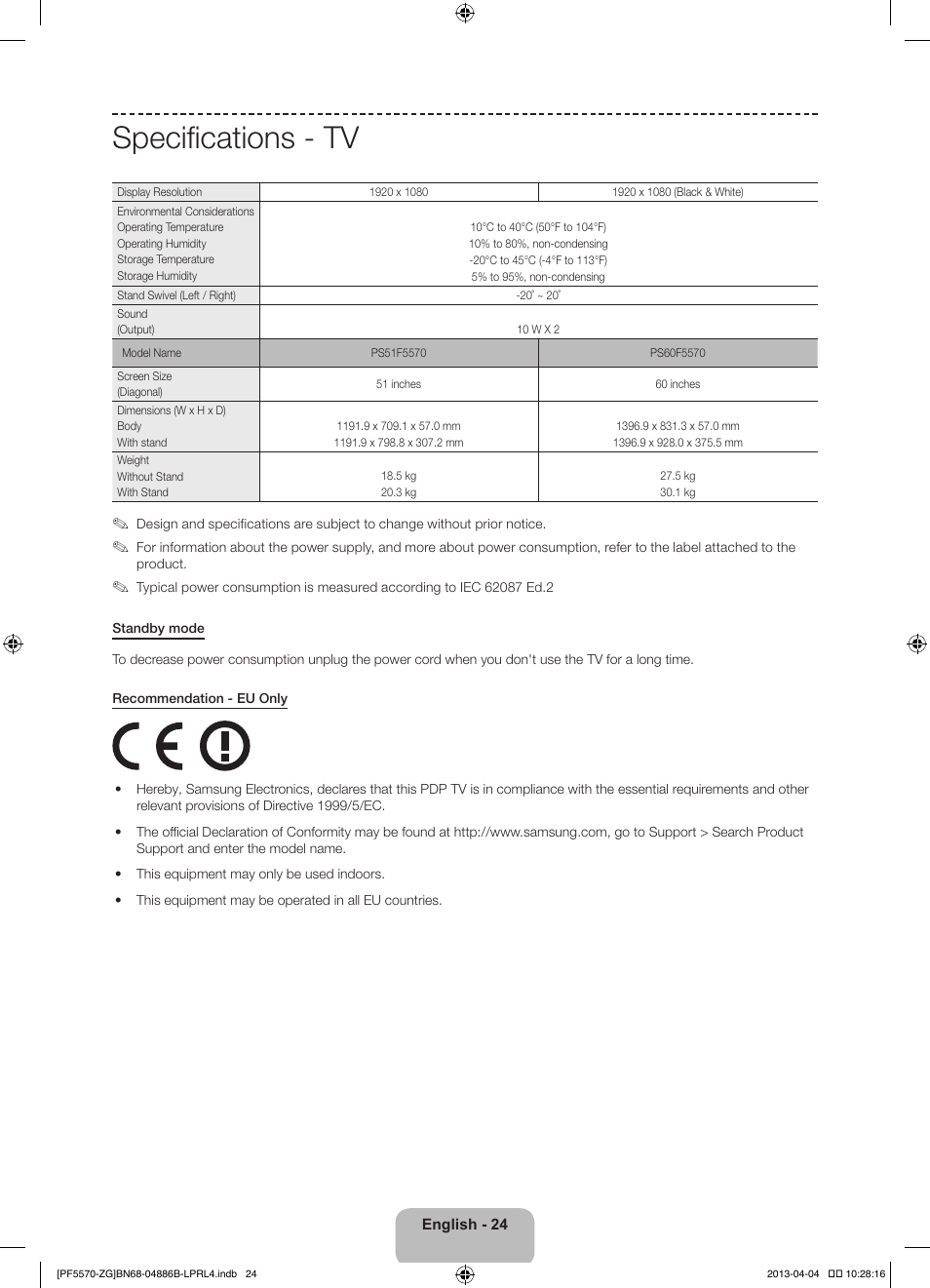 Specifications - tv | Samsung PS60F5570SS User Manual | Page 24 / 97