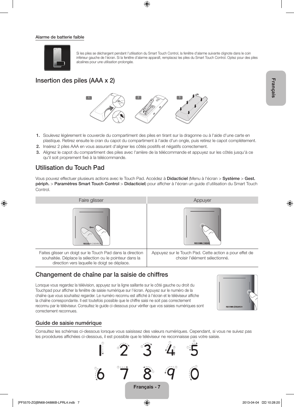 Insertion des piles (aaa x 2), Utilisation du touch pad, Changement de chaîne par la saisie de chiffres | Guide de saisie numérique | Samsung PS60F5570SS User Manual | Page 31 / 97