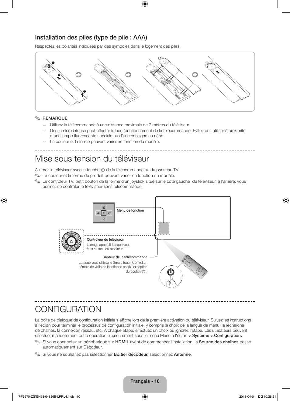 Mise sous tension du téléviseur, Configuration, Installation des piles (type de pile : aaa) | Samsung PS60F5570SS User Manual | Page 34 / 97
