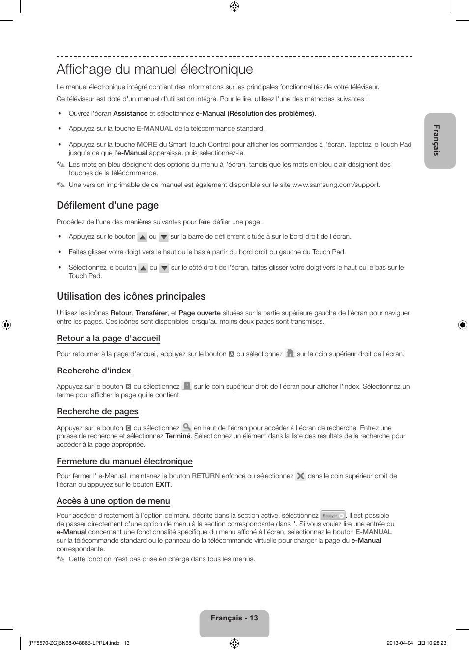 Affichage du manuel électronique, Défilement d'une page, Utilisation des icônes principales | Samsung PS60F5570SS User Manual | Page 37 / 97