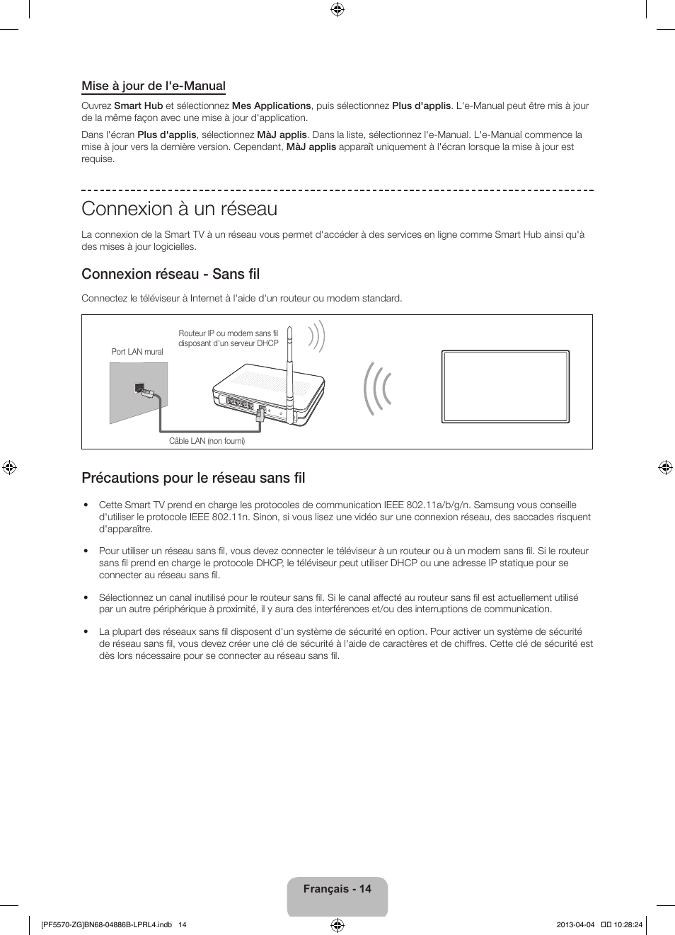 Connexion à un réseau, Connexion réseau - sans fil, Précautions pour le réseau sans fil | Samsung PS60F5570SS User Manual | Page 38 / 97