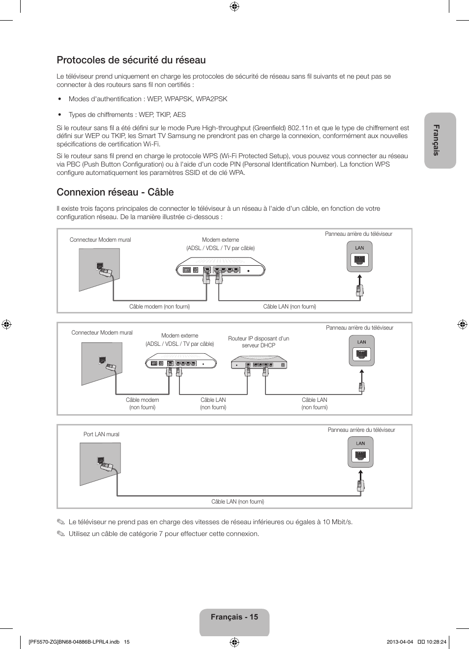 Protocoles de sécurité du réseau, Connexion réseau - câble | Samsung PS60F5570SS User Manual | Page 39 / 97