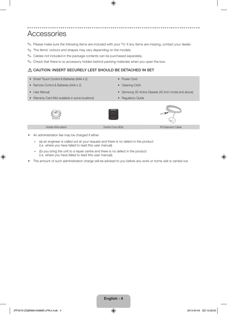 Accessories | Samsung PS60F5570SS User Manual | Page 4 / 97