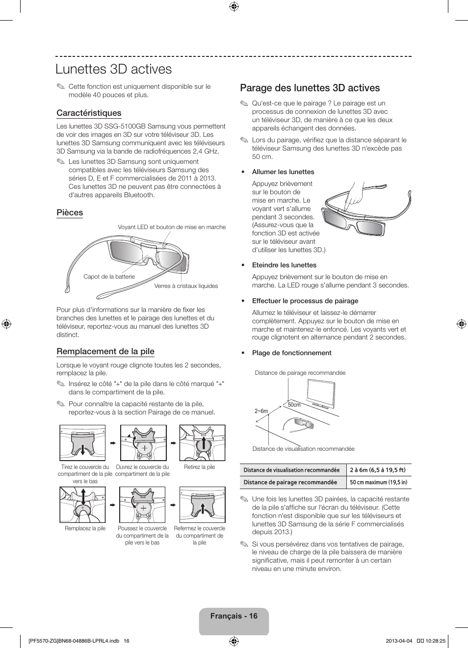 Lunettes 3d actives, Parage des lunettes 3d actives | Samsung PS60F5570SS User Manual | Page 40 / 97