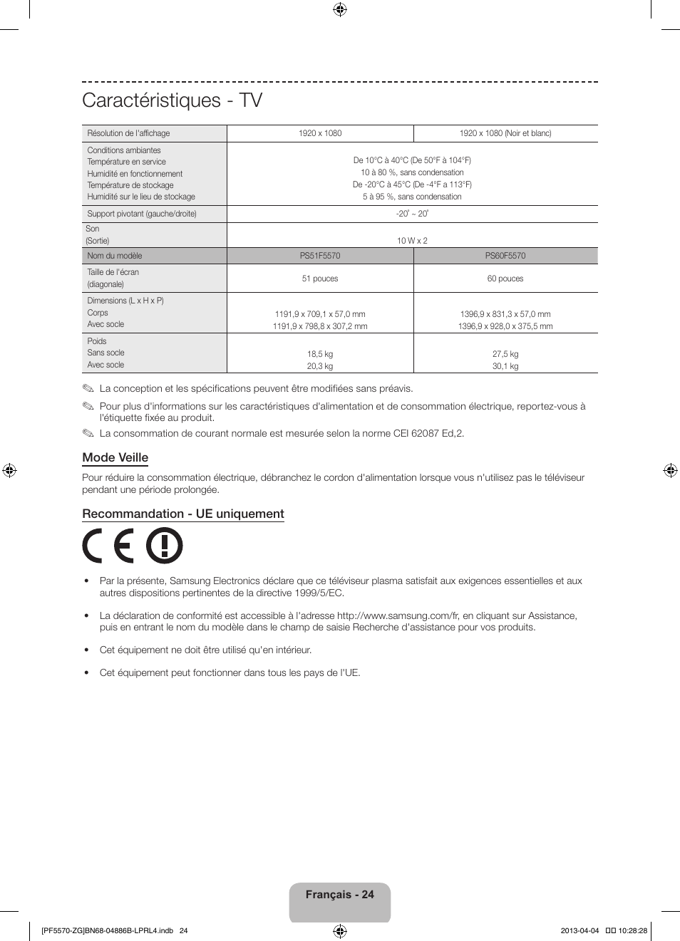 Caractéristiques - tv, Mode veille, Recommandation - ue uniquement | Samsung PS60F5570SS User Manual | Page 48 / 97