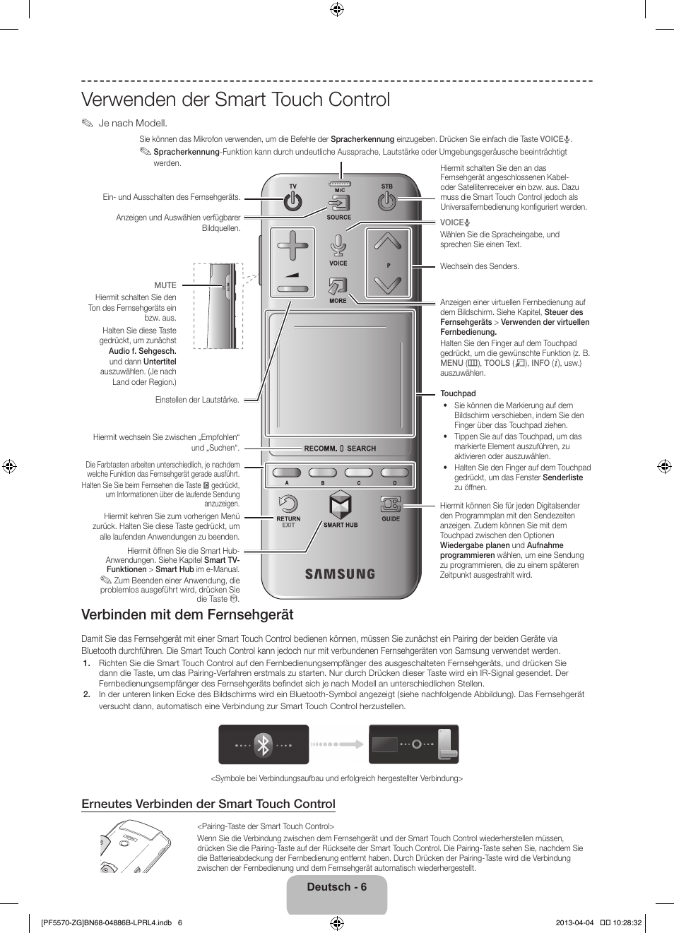 Verwenden der smart touch control, Verbinden mit dem fernsehgerät, Erneutes verbinden der smart touch control | Samsung PS60F5570SS User Manual | Page 54 / 97