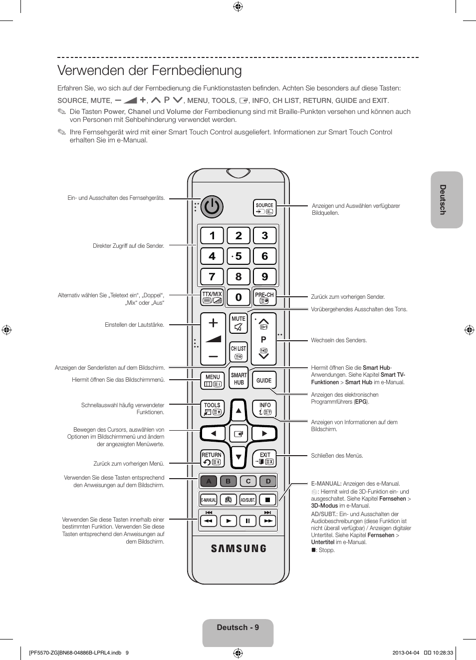 Verwenden der fernbedienung | Samsung PS60F5570SS User Manual | Page 57 / 97