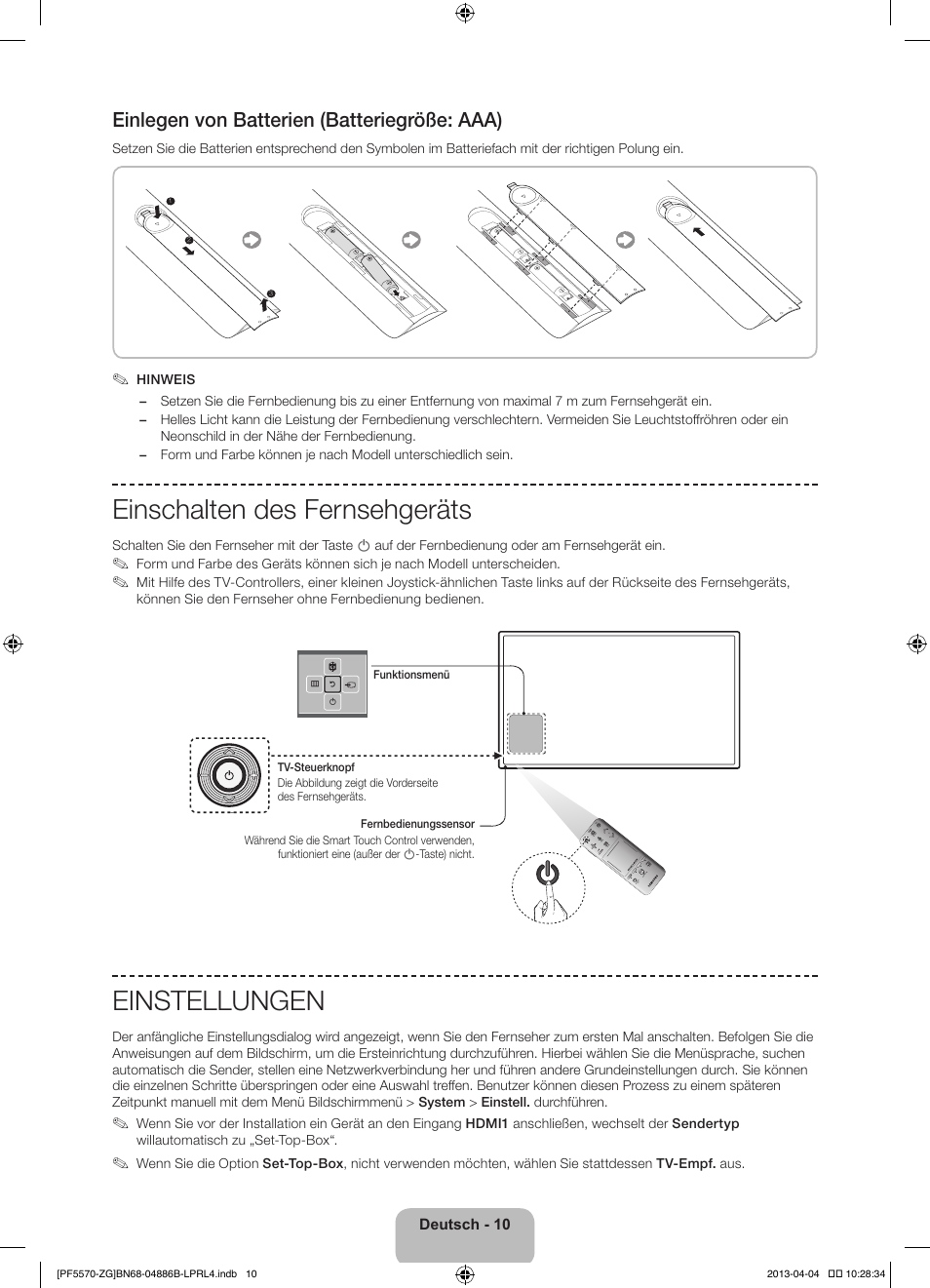 Einschalten des fernsehgeräts, Einstellungen, Einlegen von batterien (batteriegröße: aaa) | Samsung PS60F5570SS User Manual | Page 58 / 97