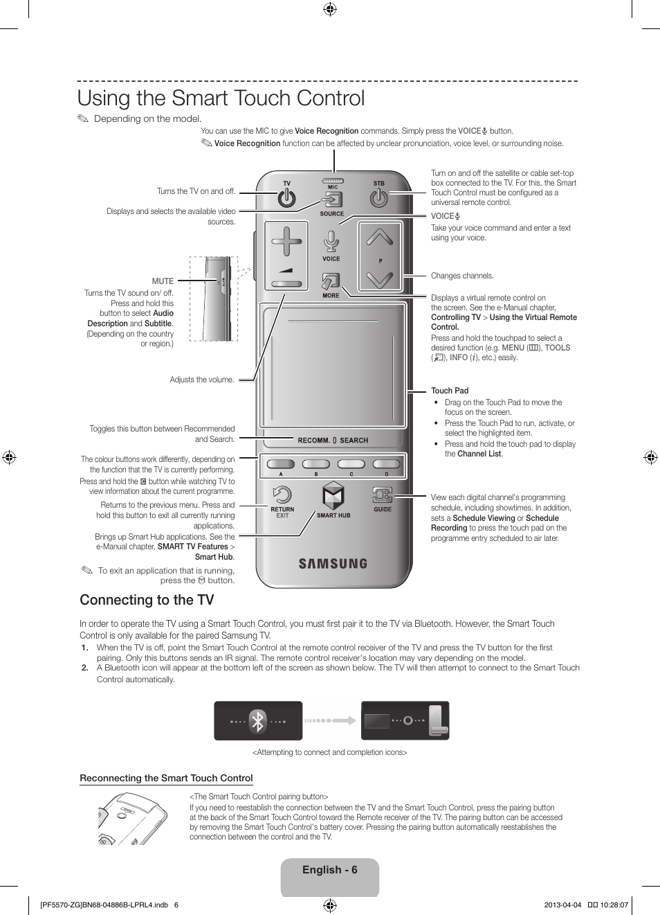 Using the smart touch control, Connecting to the tv | Samsung PS60F5570SS User Manual | Page 6 / 97